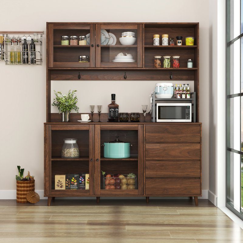 Large Kitchen Hutch Cabinet with 4 Doors & 4 Drawers - Walnut