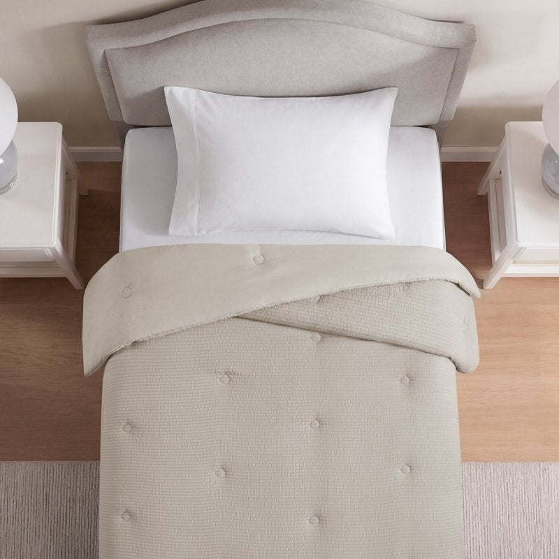 Twin-XL Reversible Down Alternative Comforter - All-Season Beige Seersucker