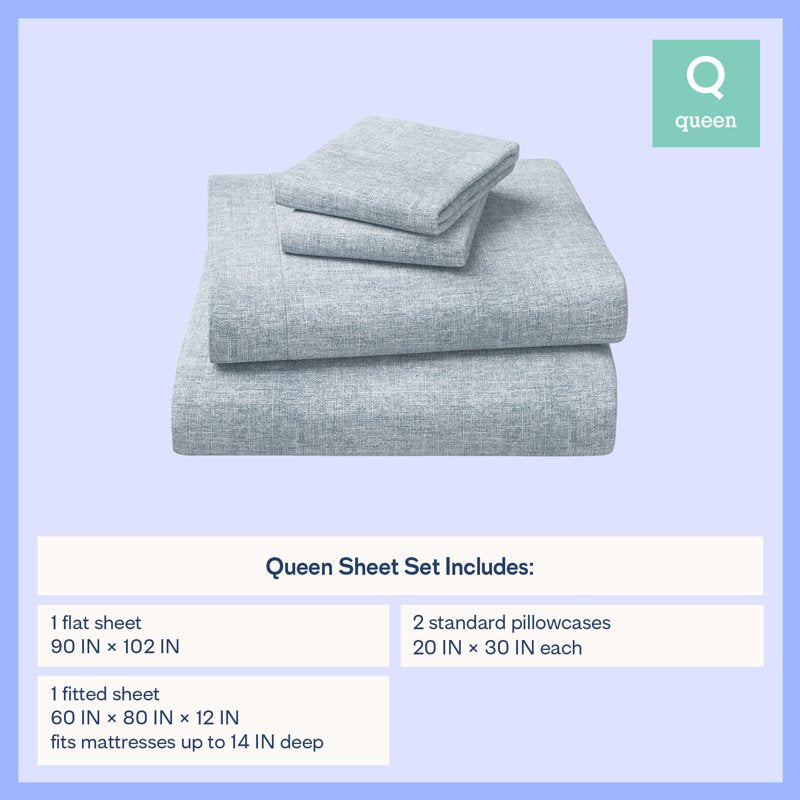 Kids Queen Bed Sheet Set - 100% Cotton Percale, Blue, 4 Pieces