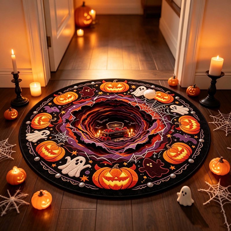 Halloween Round 3D Optical Skidproof Floor Mat - 23.62x23.62in, Easy Clean, Entryway Bathroom Living Room Decor - MPOISVA