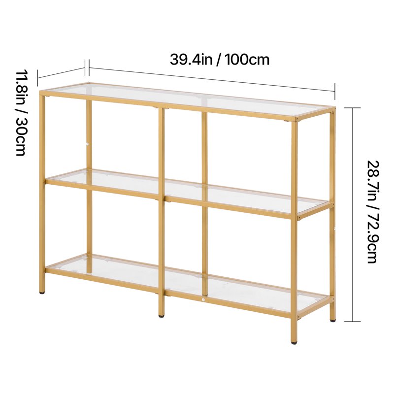 Modern 3-Tier Glass Console Table with Iron Frame - Gold Finish