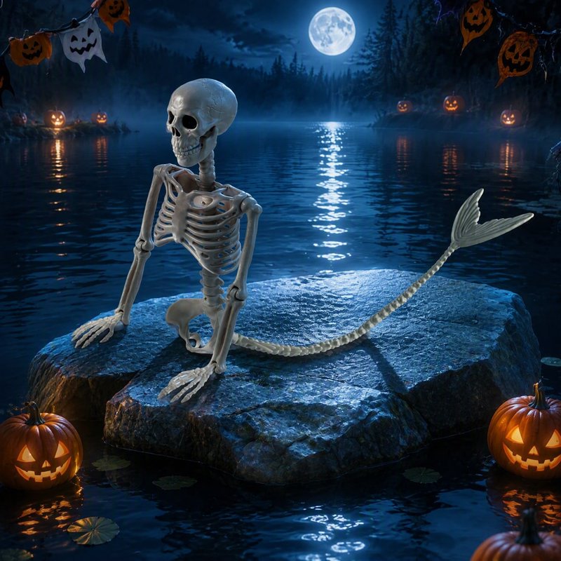 36-Inch Halloween Mermaid Skeleton with Flexible Joints for Indoor & Outdoor Decorations