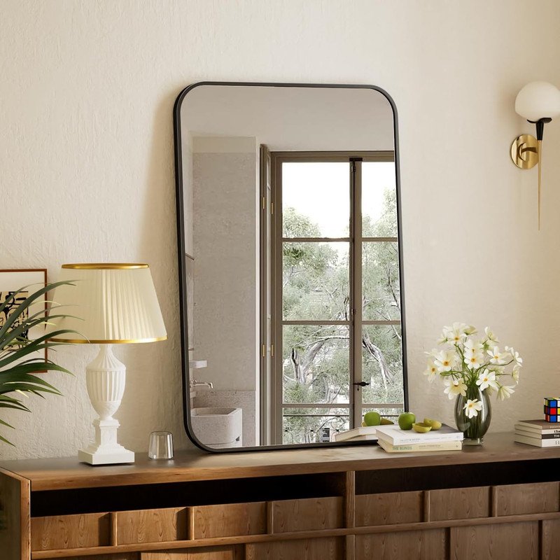 Bathroom Mirror 26x38 Inch Wall Mounted Rounded Edge Vanity Mirror Black - Clarvion