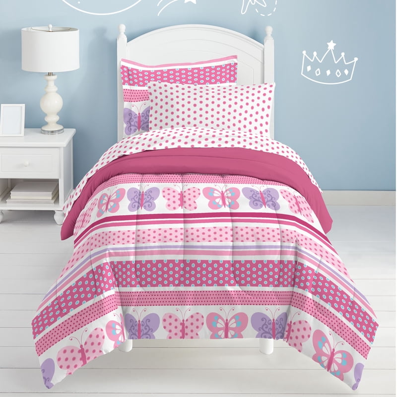 Pink Butterfly Dots Full Comforter Set for Child Bedroom - Microfiber, 7 Pieces