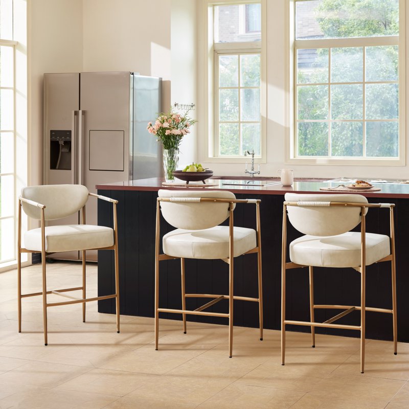 Modern Counter Bar Stool Set of 2 - Beige with Gold Frame
