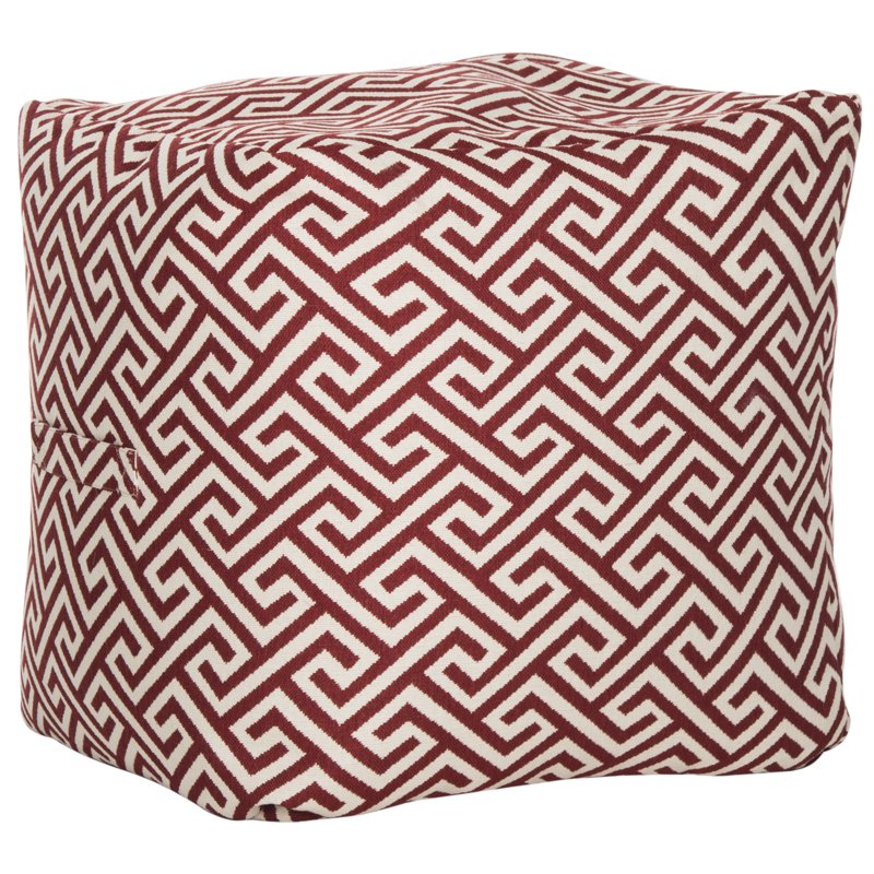 Red Greek Key Pouf - 18-Inch Soft Cotton Accent Footstool & Seat