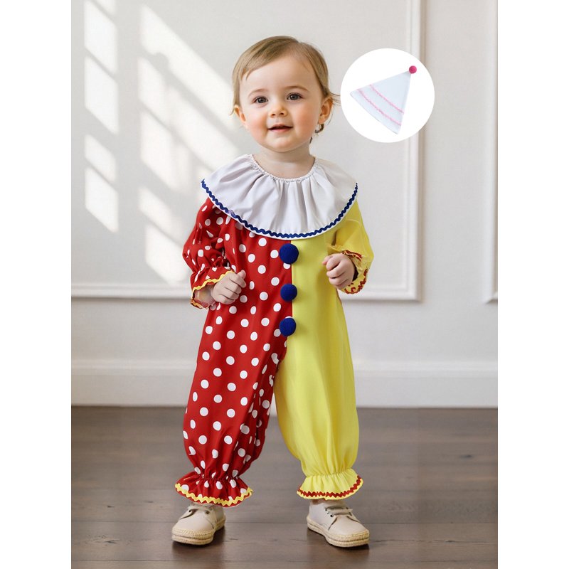 Kids Toddler Clown Costume Set - Red Yellow Romper & Hat for 6-12 Months