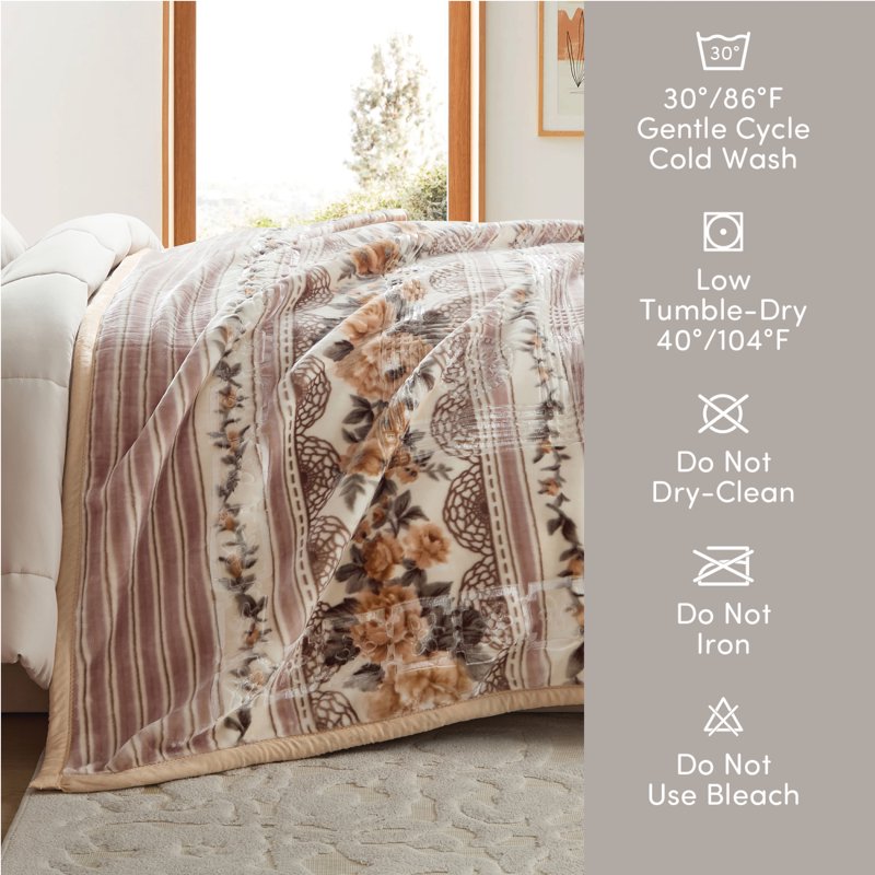 King Size Korean Mink Fleece Blanket - Beige Floral Reversible Heavyweight Bed Cover