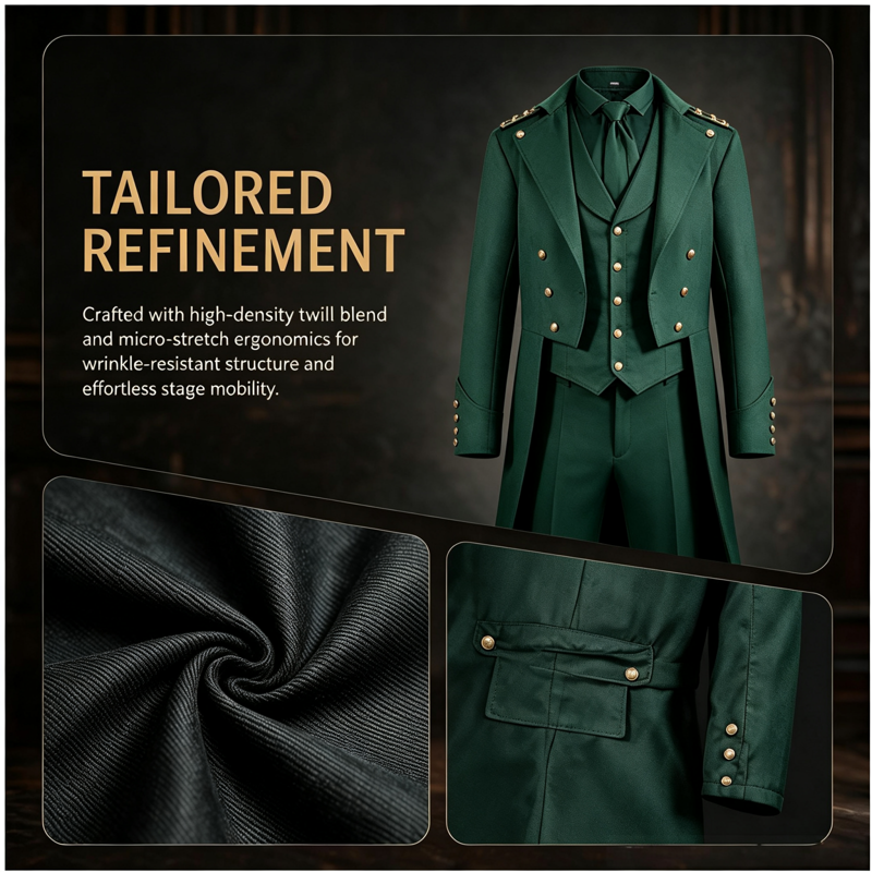 Men's Gothic Tailcoat Jacket, Green XL Medieval Steampunk Costume