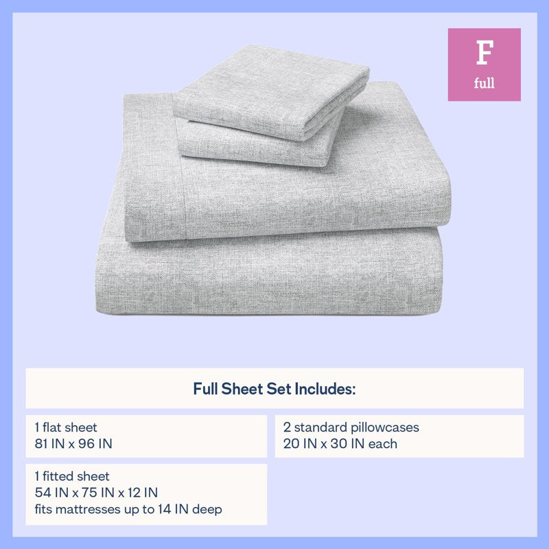 Kids Full Gray Cotton Percale Bed Sheet Set - 4 Pieces