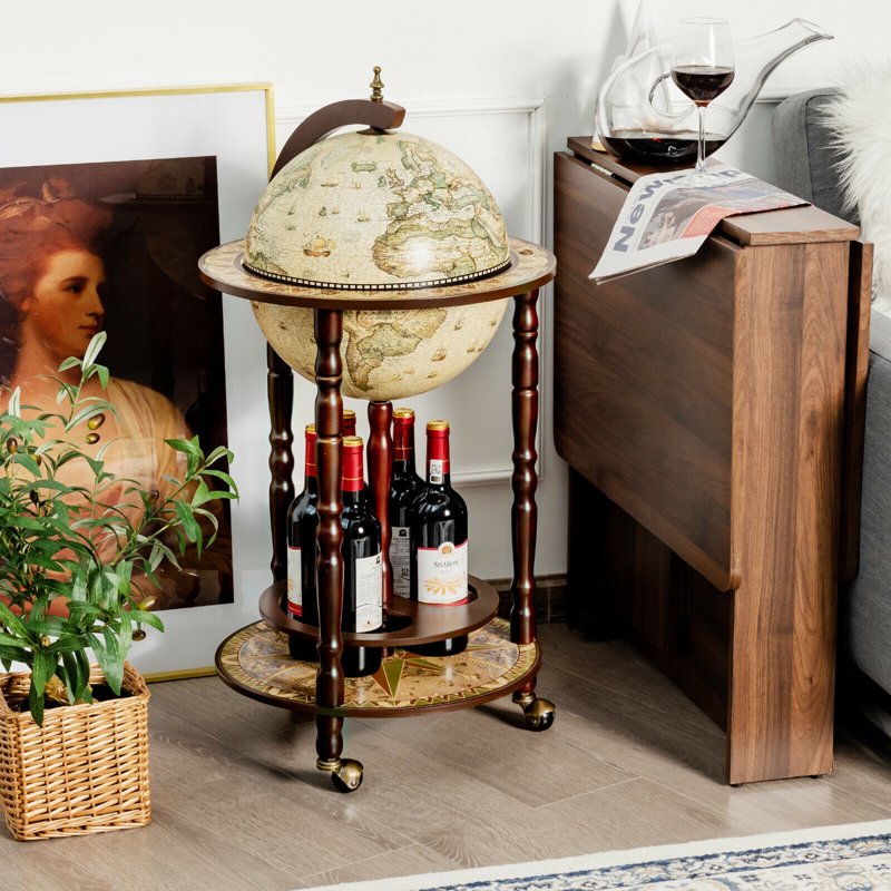 Italian-Style 17'' Wood Globe Wine Rack with Casters
