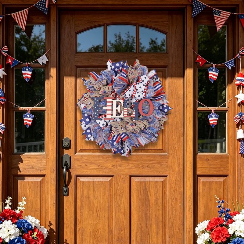 Patriotic Wreath for Front Door - Independence Day Artificial Decor - Variation 0H