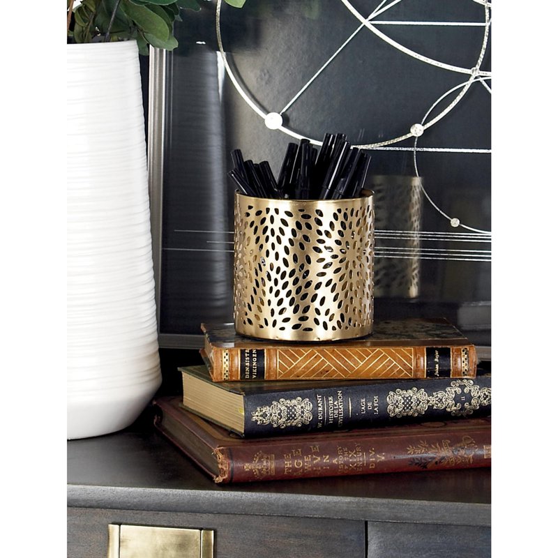 Gold Floral Metal Pencil Cup - 4" x 4" Round Organizer