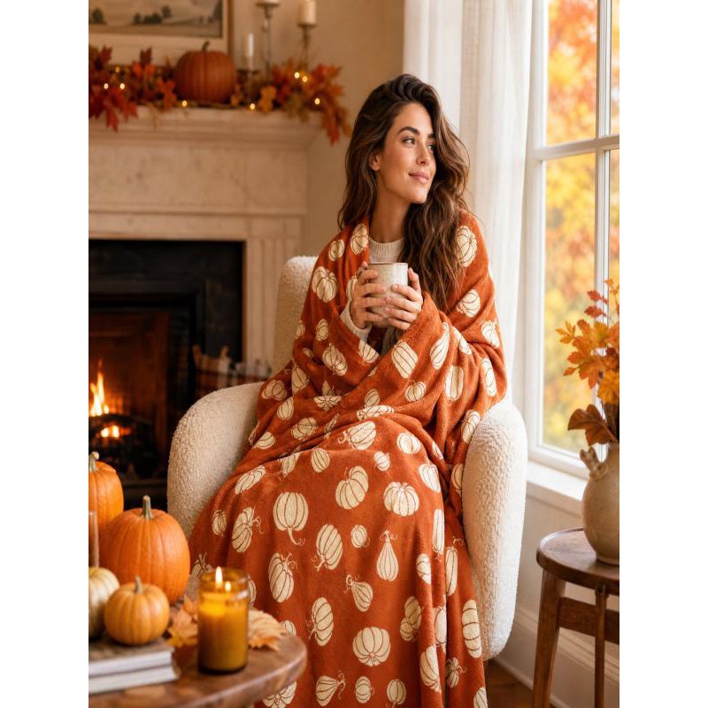 Orange Thanksgiving Pumpkin Leaf Pattern Flannel Throw Blanket - Soft Polyester Seasonal Decor Cover for Sofa Bed Couch Camping Travel 51x59In - Variation: Orange