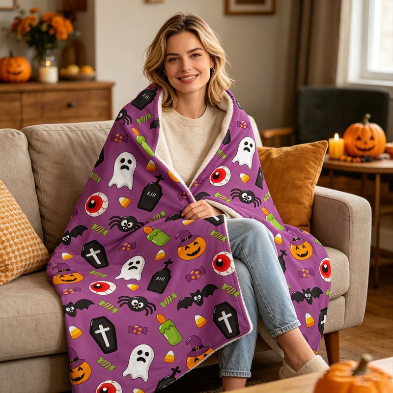 Guodhu Halloween Flannel Throw Blanket - Purple, 70x100cm Cozy Decorative Nap Blanket for Sofa Couch Bedroom Office Variation #11