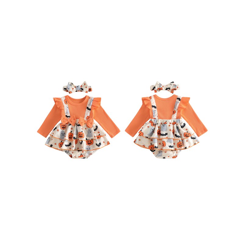 Baby Girl Halloween Bodysuit Set with Pumpkin Ghost Print & Headband - 0-3 Months Orange