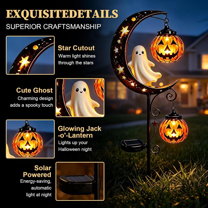 Solar Halloween Ghost Moon Garden Stake Light - Waterproof Metal Yard Lantern