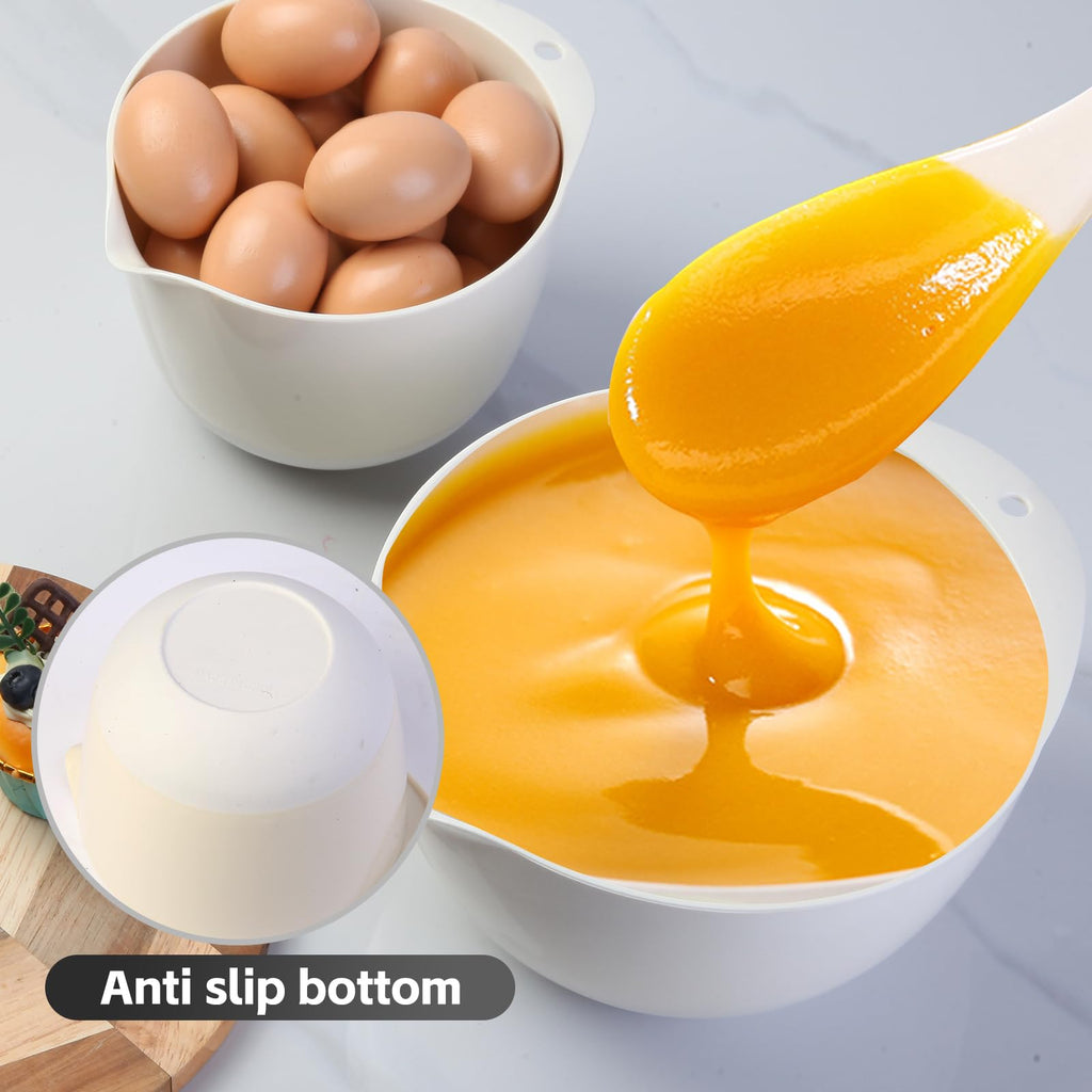 JCXivan 3 Plastic Mixing Bowls with Pour Spout,Lids and TPR Non-Slip Bottom,Small Nesting Batter Bowl Set for Kitchen Prep,Baking,Storage,BPA Free,Easy to Grip,1.5Qt,2Qt,3Qt,White