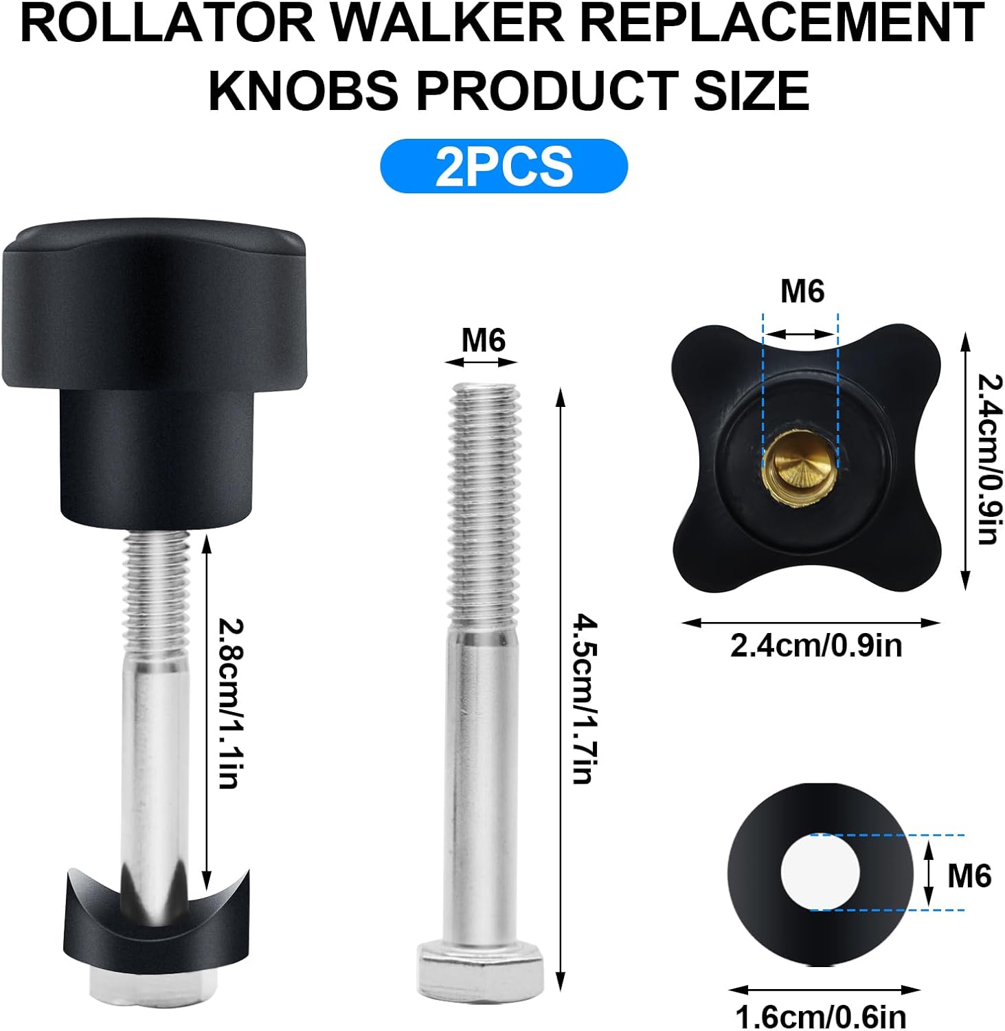 Rollator Walker Replacement Knob 2 PCS Replacement Arm Adjustment Knobs for Rollator Walker Accessories,Rollator Parts Knobs with M6 Track Bolt Set