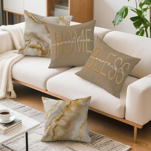 OBSEDE Inspirational Beige Marble Throw Pillow Covers 18 × 18 in, Set of 4, Couch Cushion Cases Inserts for Sofa Bed Living Room Home Decor, Single-Sided Print