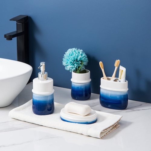 Ceramic 12Oz Soap Dispenser for Kitchen, Refillable Hand Dispenser with Pump, Lotion Dispenser Bathroom for Dish Soap, Hand soap. (Navy Blue)