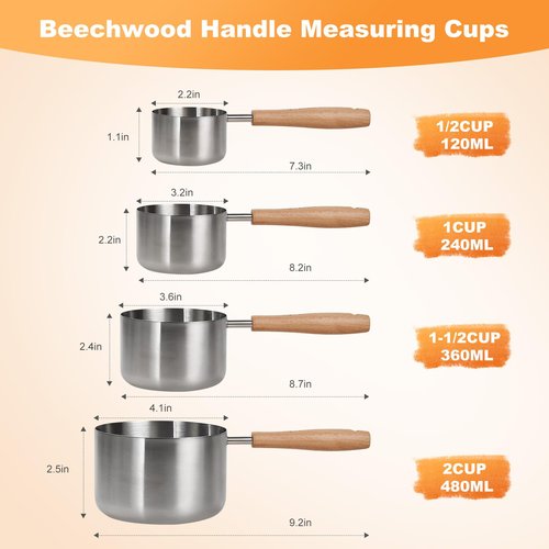 TREMENDRY 1PCS 1-1/2Cup(360ml | 12oz) Dog Cat Food Scoop, 18/8(304) Stainless Steel Measuring Cup with Wooden Handle, Etched Measurements Inside, BPA Free Portion Control for Pets & Kitchen Use