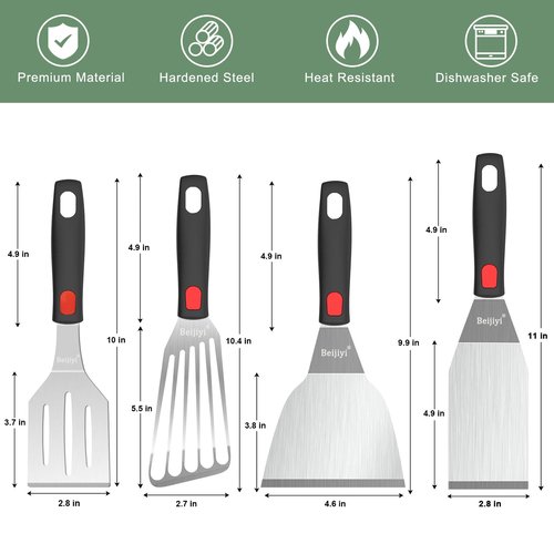 Beijiyi Stainless Steel Spatula Set, 4 Pack Small Metal Turner Spatulas for Kitchen Use, Cooking Utensils with Silicone Handle, Flipper Spatula for Fish, Egg, Smash Burger and Cookie Serving