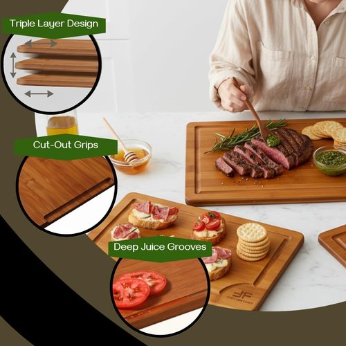 Bamboo Cutting Board Set - 3-Piece Wooden Chopping Boards with Deep Juice Grooves & Built-In Handles