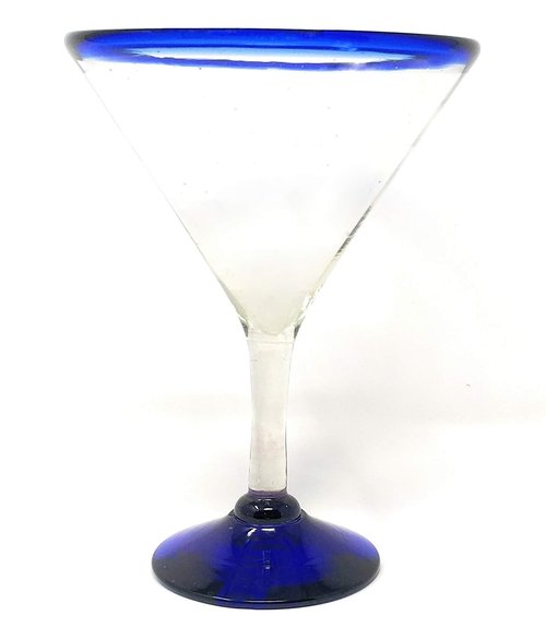 Mexican Hand Blown Glass – Set of 4 Hand Blown Modern Margarita Glasses - Blue Rim (12 oz)