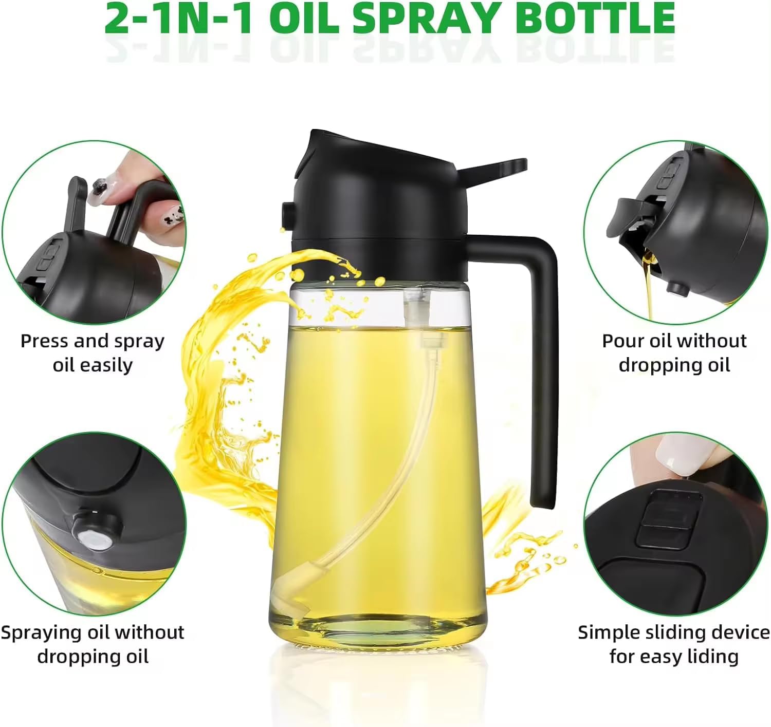 Skiennix 16oz Glass Oil Spray Bottle - 2-in-1 Refillable Olive Oil Dispenser with Fine Mist & Stream - Black