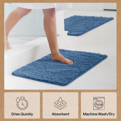 GORILLA GRIP Bath Rug Mat - Thick Soft Absorbent Chenille | Quick Dry Microfiber, 44x26, Blue