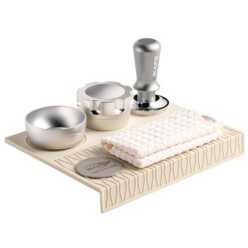 IKAPE 53mm Espresso Accessory Kit 6 in 1 Silver. Includes a Tamper, Distributor, Dosing Funnel, Puck Screen, Silicone Mat Station, and Cleaning Cloth