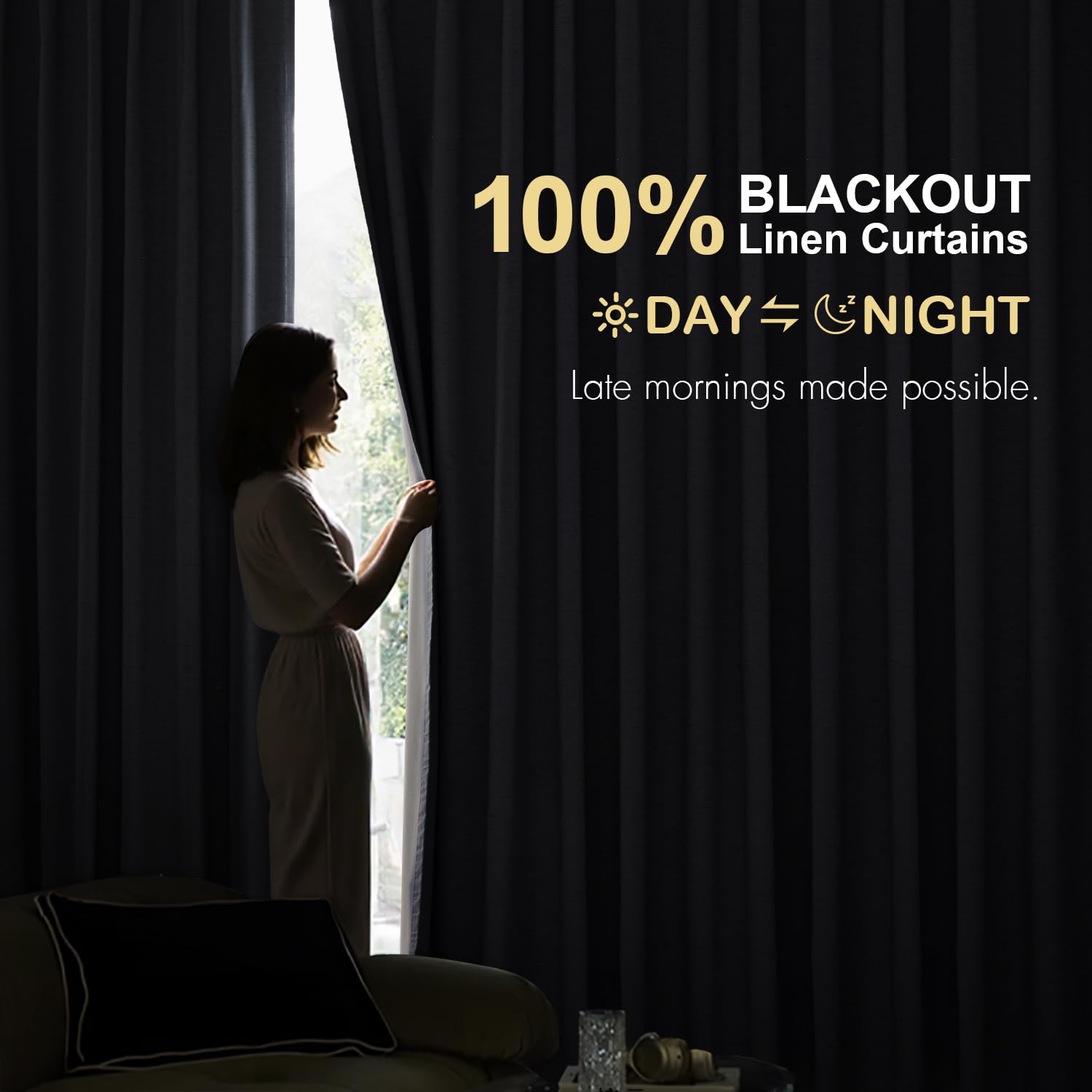 MIULEE Linen 100% Blackout Curtains 108 Inch Long 2 Panels, Back Tab Pinch Pleat Hook Belt Rod Pocket Thermal Insulated Drapes for Bedroom Living Room Light Blue Modern Black Out Window Curtains
