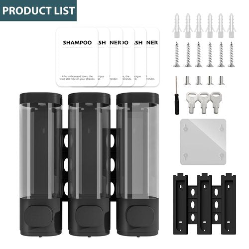 3 Pack Shampoo and Conditioner Dispenser, Shower Soap Dispenser 3 Chamber No Drill Wall-Mounted, Body Wash and Shower Dispenser Set for Shower Wall, Elegant Large Capacity for Bathroom Hotel, Black