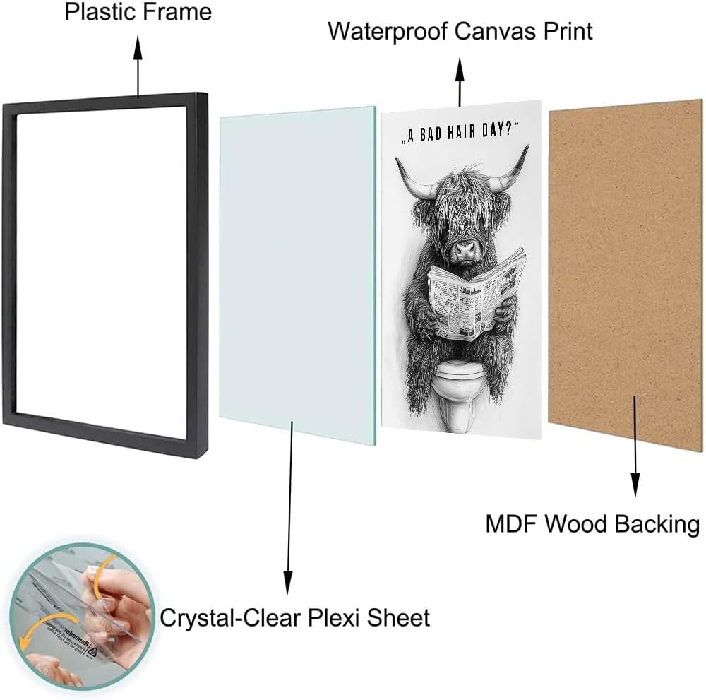 Orvannaatr Highland Cow Wall Art - Humorous Sketch of Cow on Toilet for Fun Bathroom Décor