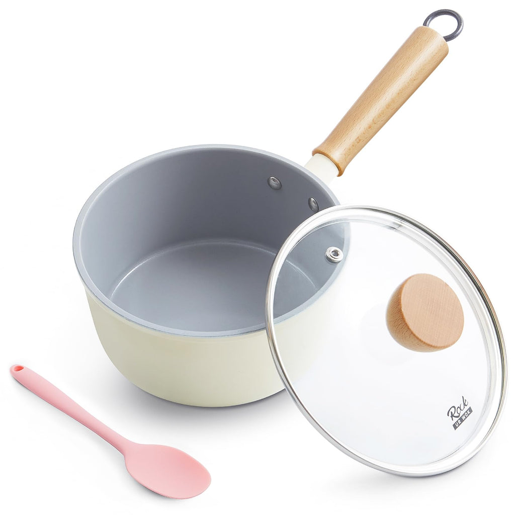 ROCKURWOK Ceramic Nonstick Sauce Pan with Lid, 1.5 Qt Small Pots for Cooking, Small Pot Wooden Handle for Cool Touch, Non Toxic & Pfas-Free Saucepan, Universal Base(Gas, Electric & Induction), White