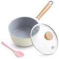 ROCKURWOK Ceramic Nonstick Sauce Pan with Lid, 1.5 Qt Small Pots for Cooking, Small Pot Wooden Handle for Cool Touch, Non Toxic & Pfas-Free Saucepan, Universal Base(Gas, Electric & Induction), White