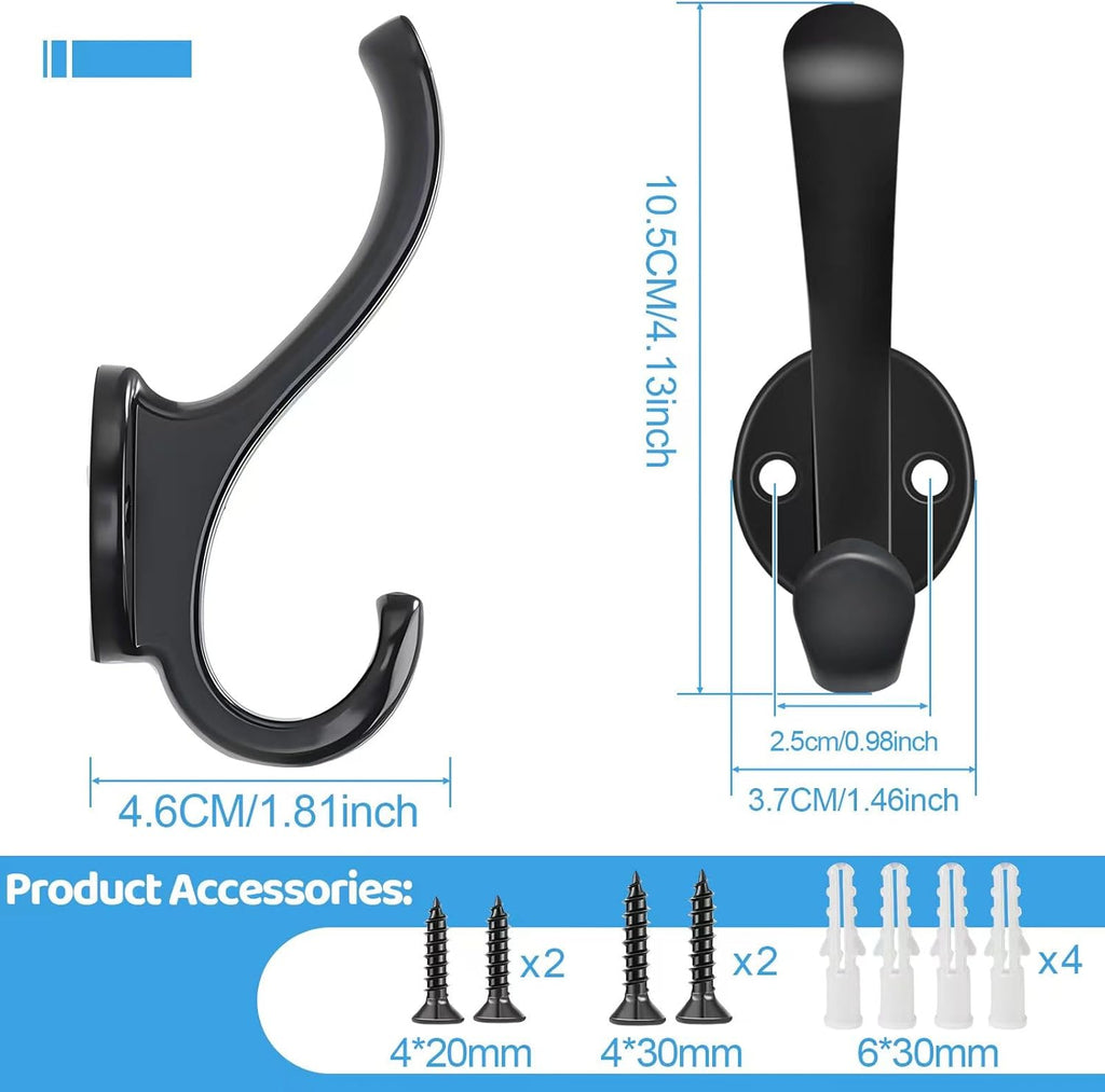 Skiennix 6 Pack Coat Hooks - Heavy Duty Retro Double Hooks for Coats, Hats, Towels & More | Black