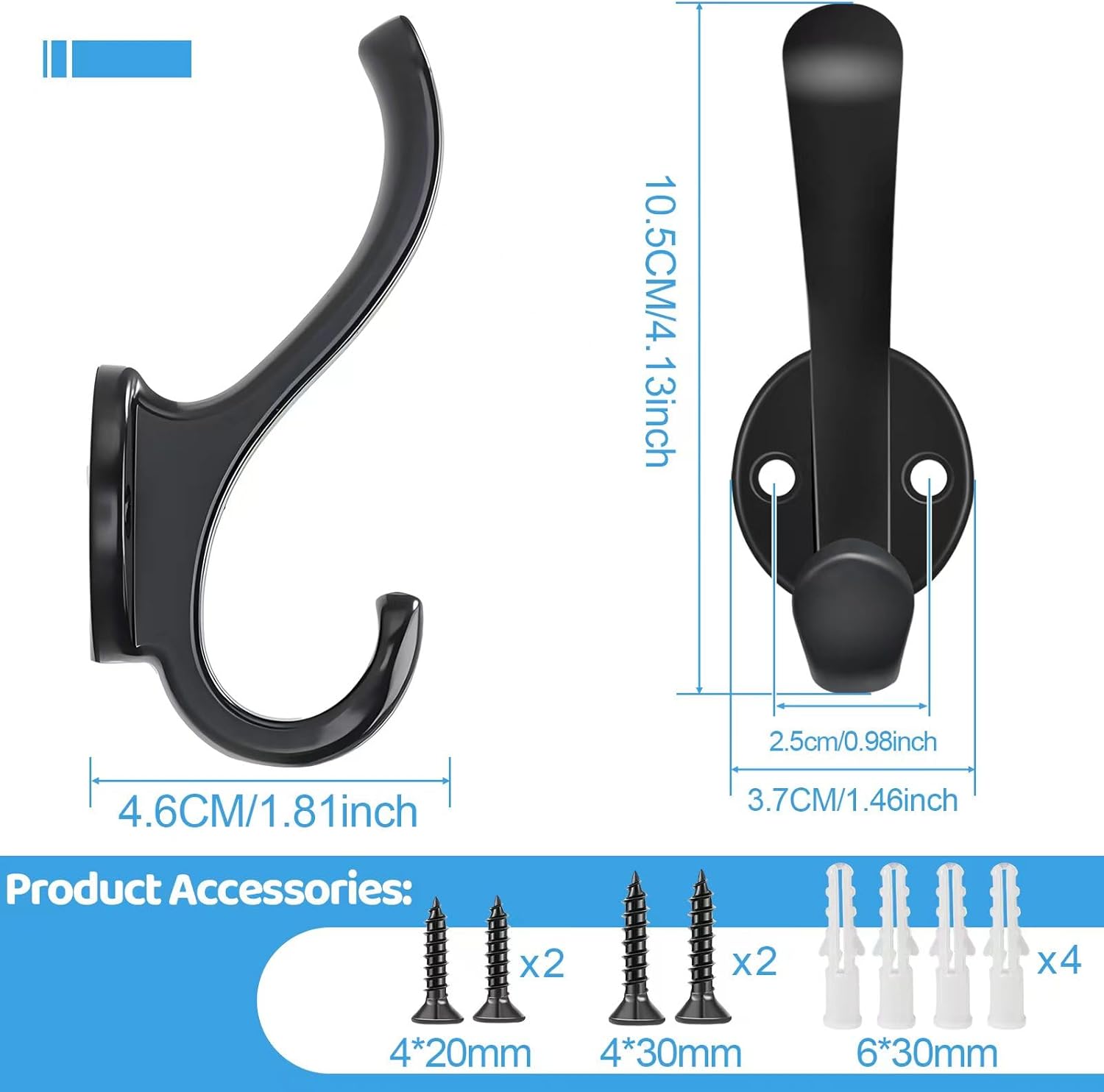 Skiennix 6 Pack Coat Hooks - Heavy Duty Retro Double Hooks for Coats, Hats, Towels & More | Black
