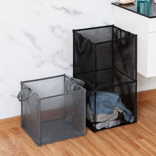 HONOMA Laundry Bags Hamper Bag with Handles,Portable &Collapsible Dirty Clothes Mesh Basket Foldable for Washing Storage, Kids Room,Dorm or Travel (Black, Single-Layer)