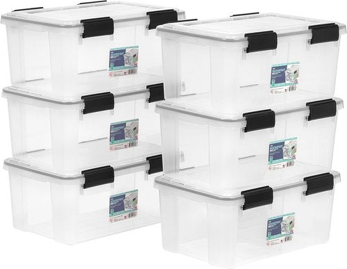 IRIS USA WeatherPro 19 Qt Storage Bins - BPA-Free Plastic with Tight Seal, Stackable & Nestable | Clear/Black, 6 Pack