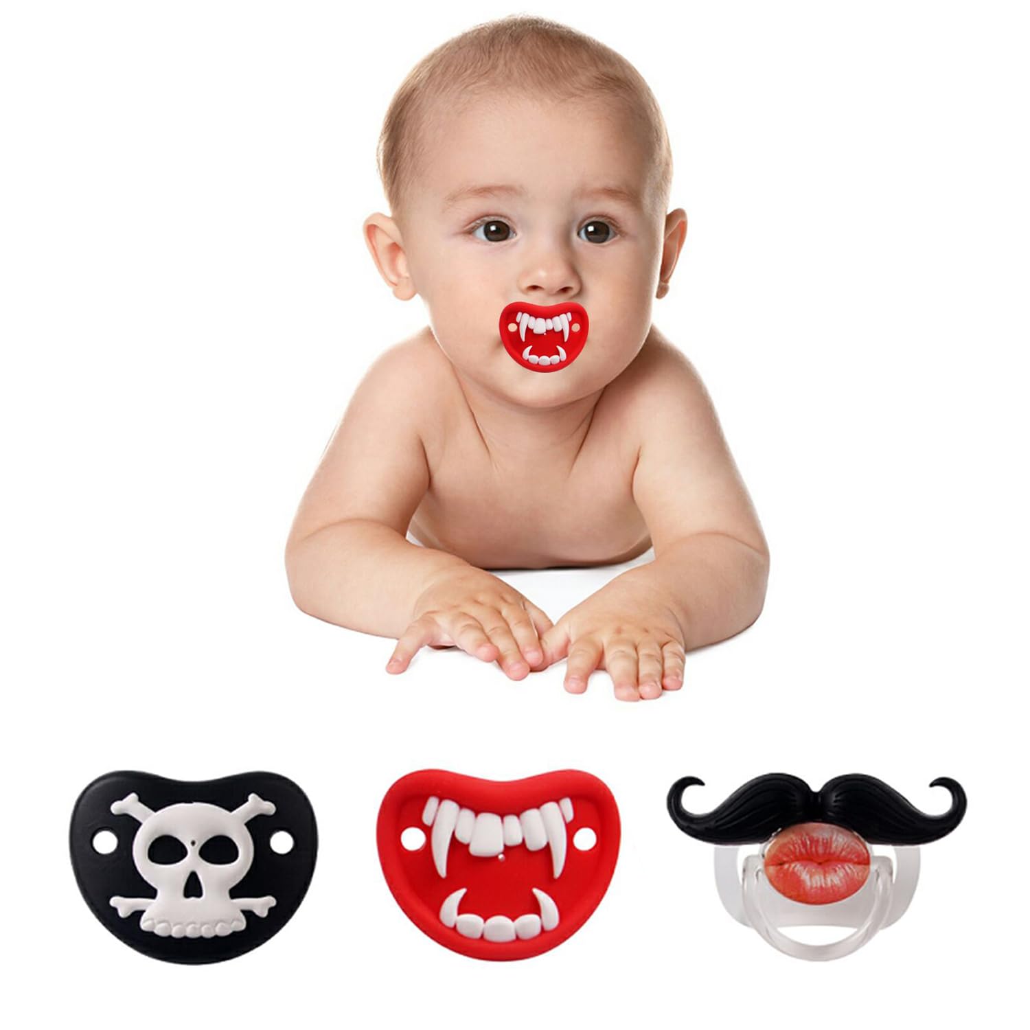 ROBBEAR Baby Pacifier - Cute Mustache & Vampire Skull Design | BPA-Free Silicone for Infants 0-36 Months