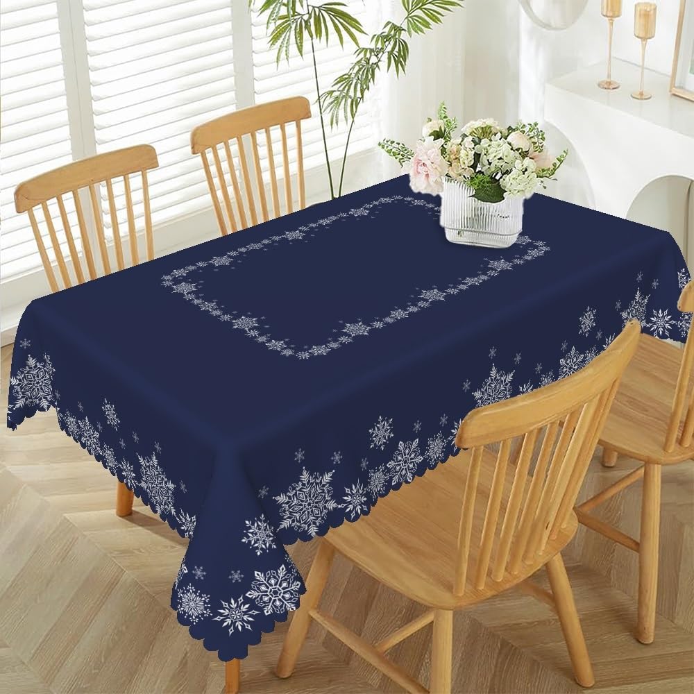 TTQYFNM 52x70inches Christmas Tablecloth Navy Blue and White Snowflakes Decorative Table Cloth Washable and Reusable Fabric Table Cover for Kitchen Dining Winter Holiday Xmas New Year Party Decor