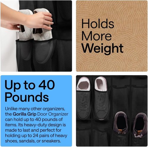 GORILLA GRIP Over The Door Shoe Organizer - 24 Extra Large Breathable Mesh Pockets | Space-Saving Black Storage Solution
