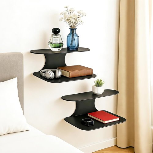 Simple Metal Floating Nightstands Set of 2, Wall Mounted Black Bedside Shelf for Bedroom, Minimalist Modern Bedside Stand, Floating Shelf with 2 Tier Storage for Bedroom (Black, Set of 2)
