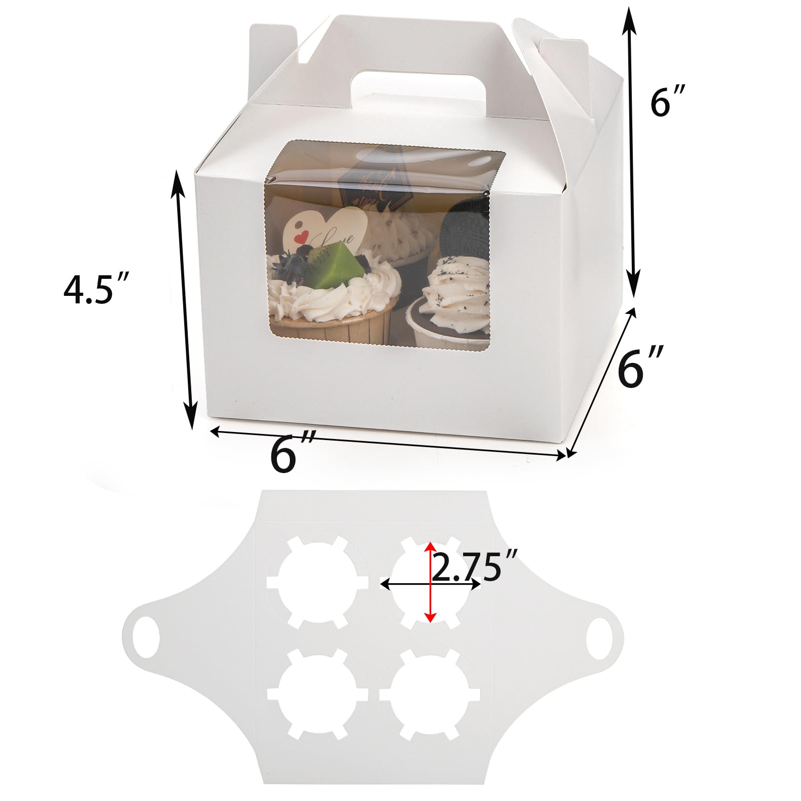 Jucoan 40 Pack Cupcake Containers, 4 Count White Kraft Paper Cupcake Boxes with Insert Window and Handle, Cupcake Holder Bakery Pastry Boxes, Gable Party Favor Treat Boxes for Wedding Mother's Day