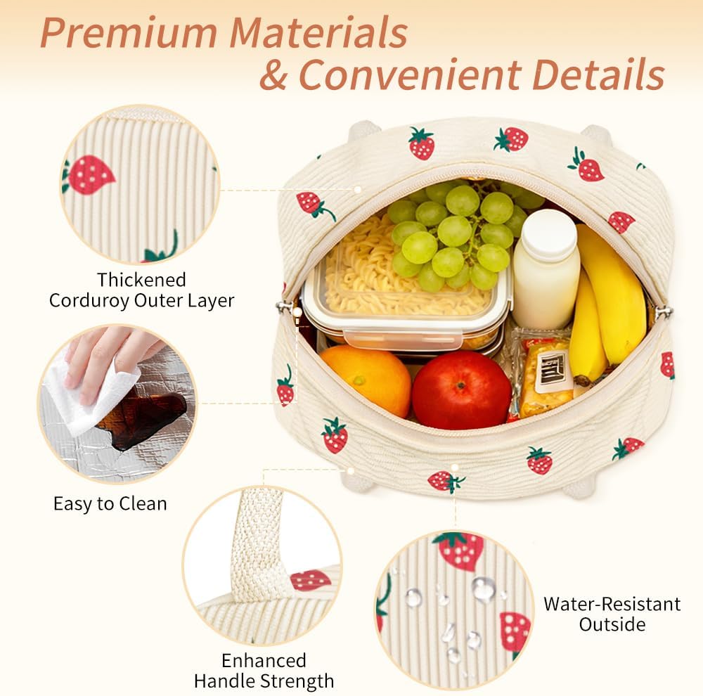 Coobiiya Insulated Corduroy Lunch Bag - Cute Strawberry Design | Large Capacity Tote for Work & Travel