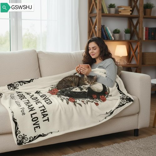 GSWSHJ “Edgar Allan Poe” Romantic Gothic Blanket for Couples - Skull Lovers Flannel Throw 60x50, Dark & Poetic Valentine‘s for Wife Husband, Unique Gift for Book Lovers