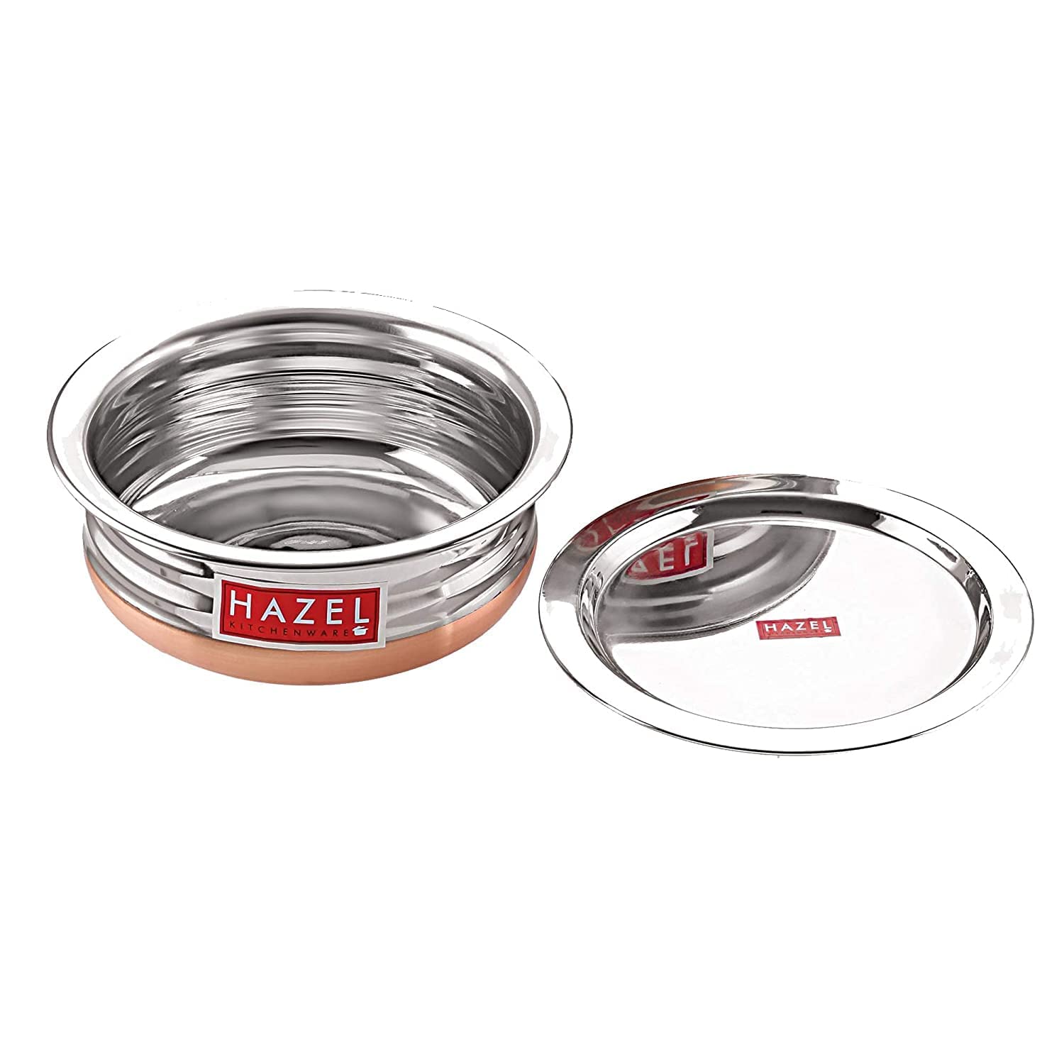 HAZEL Stainless Steel Copper Bottom Pot Handi with Lid | Urli Vessel Cooking Stainless Steel | Serving Tope Handi | Serveware set of 5 (600 ml, 900 ml, 1200 ml, 1500 ml, 1800 ml) | 3 Months Warrenty