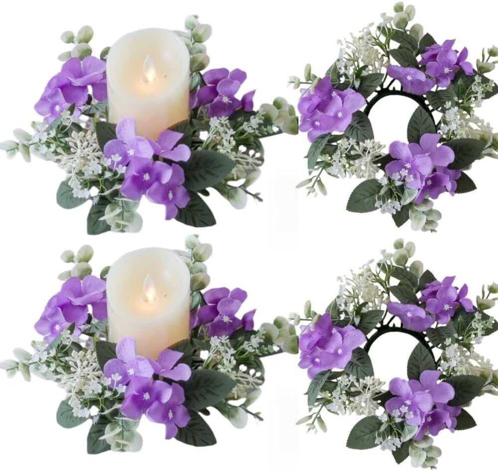 Skiennix Candle Rings - Artificial Hydrangea & Eucalyptus Wreaths for Pillar Candles | Purple, 2 Pcs Set